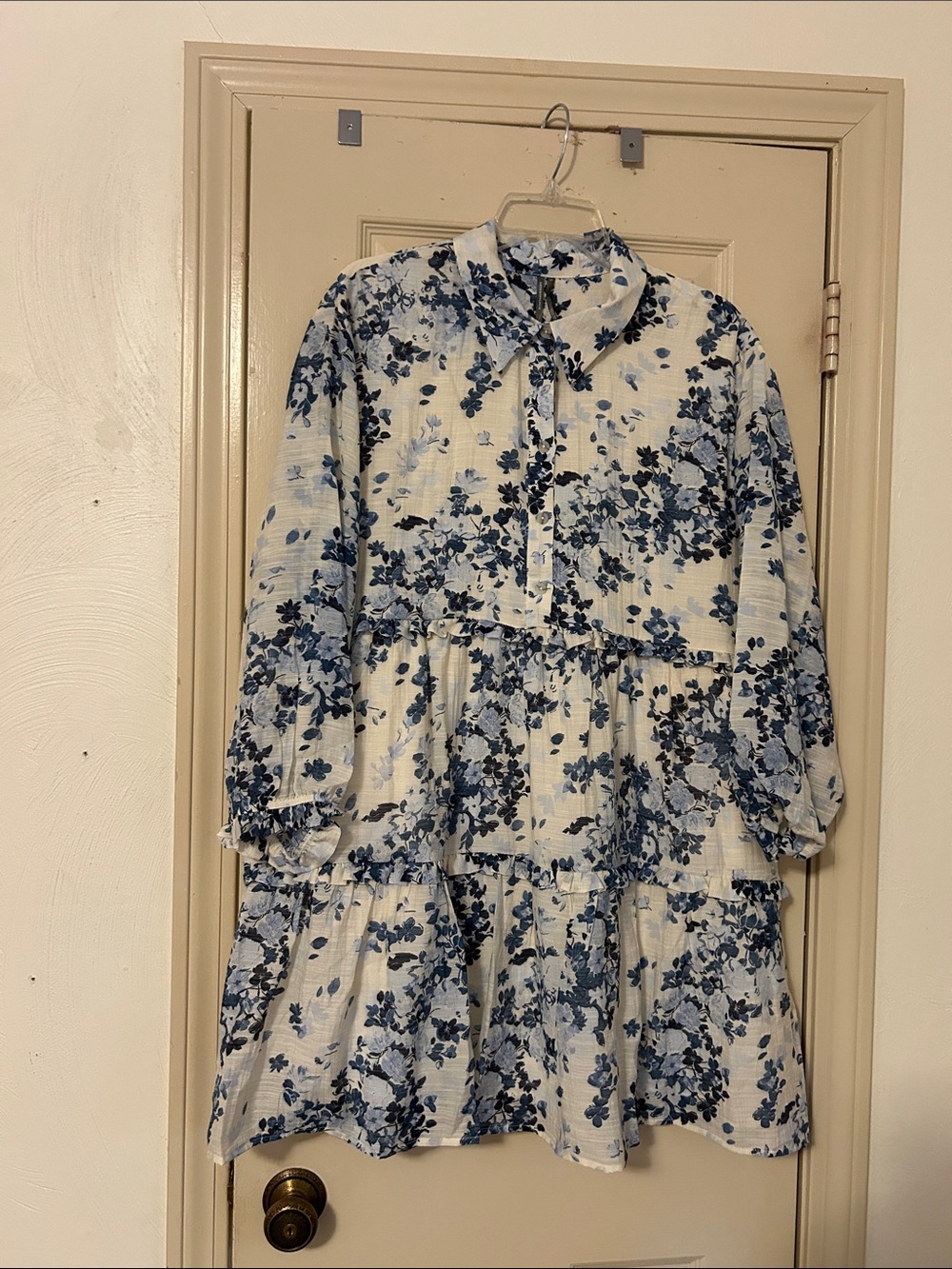Anthropologie Blue and White Floral Tiered Long-Sleeve Dress